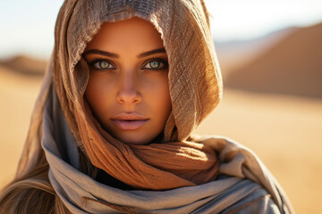 Beautiful arabic woman wearing veil in sandy desert Generative Ai illustration