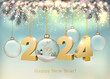 Abstract holiday christmas light background with gold 2024 numbers and transparent balls. Vector illustration