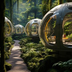 Poster - AI generated illustration of an array of spherical cabins against a lush forest backdrop