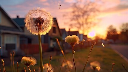 Poster -  a dandelion in front of a house with the sun setting in the background and a house in the foreground.  generative ai