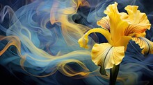  A Close Up Of A Yellow Flower On A Blue Background With A Swirl Of Smoke In The Middle Of The Image.  Generative Ai