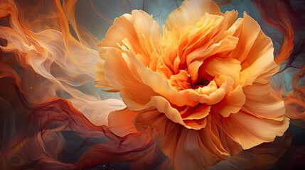 Wall Mural -  a close up of a large orange flower on a black and blue background with smoke coming out of the petals.  generative ai