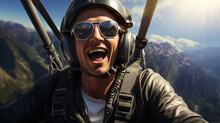 Powered Paragliding Flight, Man Taking Selfie With Action Camera