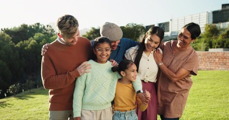 Sticker - Smile, face and a big family in a backyard with a hug, laughing and talking together. Happy, care and portrait of parents, children and grandparents on a home lawn or garden with love in summer