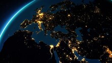 Animation Of Earth Seen From Space. Map Of Europe, Middle East And North Africa With City Lights. Satellite View.