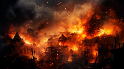 Wall Mural - war of war. explosion of burning buildings in the city