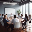 © tiena - Blank screen in a light modern conference room with some people. AI generative