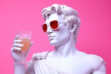 Portrait Of A White Sculpture Of Apollo Wearing Fancy Red Glasses With A Glass Of Beer On A Pink Background.