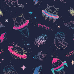 Fun cat astronaut in space seamless pattern. Vector cartoon charters. Editable vector illustration.