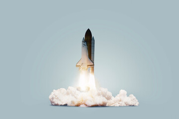 Fototapete - Creative shuttle rocket takes off successfully with blast and clouds of smoke on a blue background, concept. Spaceship launches, creative idea. Start up.
