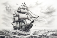 Pirate Ship At Sea. Black And White Pencil Drawing