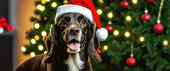 Wall Mural - A dog wearing Santa Claus hat in front of a Christmas tree