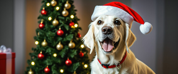 Wall Mural - A dog wearing Santa Claus hat in front of a Christmas tree