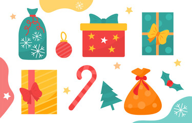 Wall Mural - Set of Christmas gifts. Present boxes with candy stick and tree. New Year and winter holidays and festivals. Surprise for noel. Cartoon flat vector collection isolated on white background