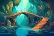An underwater scene with waterfall, flying fish, bridge, stone stairs, and a harmonious community. Fantastic cartoon style. Generative AI