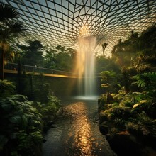 AI generated illustration of the interior of Singapore airport with greenery and a fountain