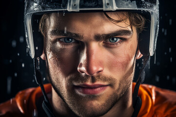 Poster - Ice hockey player sportsman in helmet serious facial expression Generative AI portrait closeup