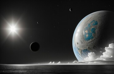 Wall Mural - AI generated illustration of a stunning view of the Earth and Moon as seen from an alien space