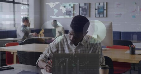 Poster - Animation of infographic interface, african american man writing on notepad and working on laptop