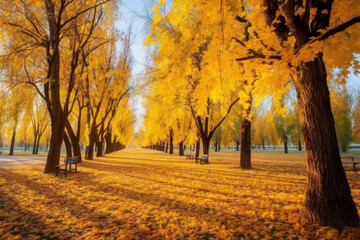 Wall Mural - Golden Autumn, Beautiful Landscape with Vibrant Yellow Trees