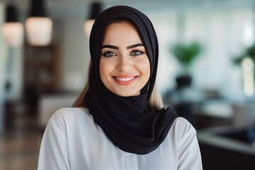 Arab business woman smiling at the camera. Portrait of confident young woman in a suit smiling at camera. Female business person portrait.