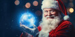 © OP38Studio - Merry Christmas, New Year's Eve concept, Happy Santa Claus holding glowing christmas ball over defocused blue background with copy space, generative ai
