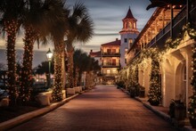 Beautiful Christmas Time In Historic Downtown St. Augustine, Florida: Stunning Architecture, Antique Buildings, And Scenic Boardwalk
