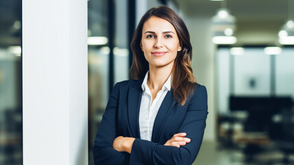 Wall Mural - Portait of beautiful smart, intelligent, friendly, likable portrait of an executive business woman manager, advisor, agent standing in office with arms crossed.


