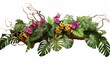 Tropical vibes plant bush floral arrangement with tropical leaves Monstera and fern and Vanda orchids tropical flower decor on tree branch liana vine plant, Generative AI