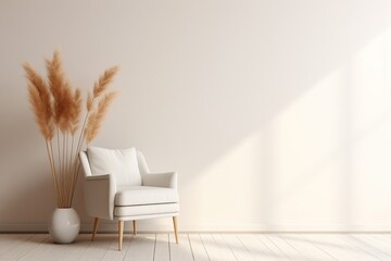 Wall Mural - Room with wooden floor, beige wall and empty space. Armchair, pampas grass in vase. Mock up interior. Copy space for your furniture, picture, poster, decoration and other objects.