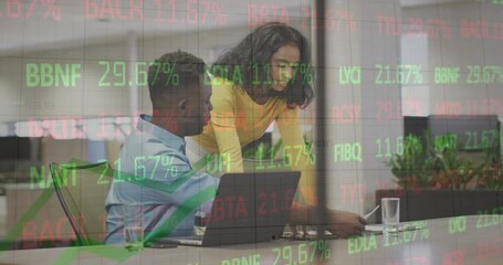 Wall Mural - Animation of multicolored trading board over diverse coworkers discussing reports on desk in office