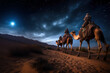 Christmas Jesus birth concept - Adoration of the Magi, Three Wise Men, Three Kings, and the Three biblical Magi with camel silhouettes journeying in sand dunes of desert follow Bethlehem star at night