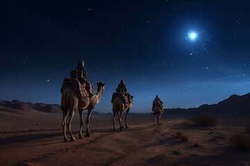 Christmas Jesus birth concept - Adoration of the Magi, Three Wise Men, Three Kings, and the Three biblical Magi with camel silhouettes journeying in sand dunes of desert follow Bethlehem star at night