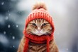 red ginger cat wearing a furry feline winter holiday pattern red hat in the snow, contest winner, warm color palettes, depictions of inclement weather