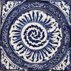 Wall Mural - ornamental round ornament  A spiral blue and white Turkish decorative spiral tile plate with a spiral floral pattern 