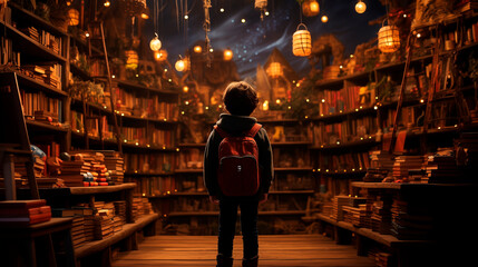 Child standing in front of a bookshelf fantasy reading books interested read a book