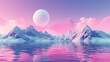 Pink landscape with moon over polygonal mountains. Calm surreal backround.