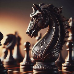 A close up of a chess piece on a chess board, horse