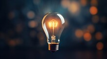 Single Light Bulb Light Up At Night With Blurred Background. AI Generated Image
