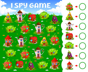 Wall Mural - I spy game cartoon fairytale house buildings. Kids vector riddle How many fantasy dwellings on green summer meadow. Strawberry, pear, watering can and apple, cabbage, eggplant or tea cup fairy homes