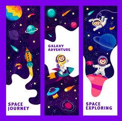 Wall Mural - cartoon space banners. funny astronauts and space galaxy landscape vector background. rocket, ufo sp