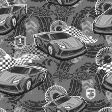 Grey Monochrome Seamless Pattern With Sport Car, Tire Tracks Background, Speedometer, Arrow Sign. Racing Ornament. Vehicle Print. Auto Cover Ornament
