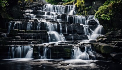  Photo of a Majestic Waterfall Cascading with Abundant, Rushing, and Crystal-Clear Water