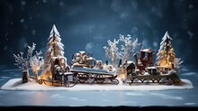 A Wintry Diorama Featuring Miniature Vintage Sleighs And Skates. Merry Christmas Card. 