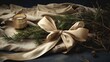 Soft focus on a periphery of pine needle sprigs and vintage ribbon curls. Merry Christmas card. 