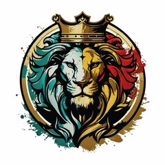 Sticker - AI generated illustration of a lion wearing a gold crown in a circular frame