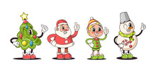 Retro-style Christmas Characters Evoke Nostalgia. Santa Claus With Twinkle Wink Eyes, Snowman In Classic Attire, Tree