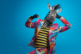 Fototapeta Konie - Zebra wearing colorful clothes with dancing on blue studio background.