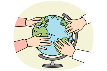 Wall Mural - Diverse people touch globe interested in geography. Hands turn planet Earth sphere. Environment conservation and education. Vector illustration.