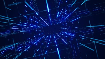 A futuristic blue grid network of blinking digital data lights and floating particles. Connectivity and connections concept technology motion background animation.